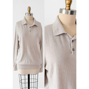 Quince Men's Mongolian Cashmere Knit Polo Sweater Top in Heathered Cloud Beige